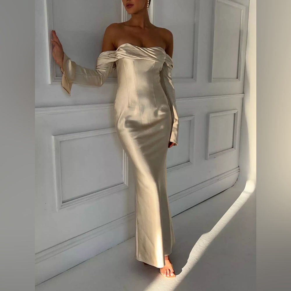 Meshki Off the Shoulder Long Sleeve Gold Dress